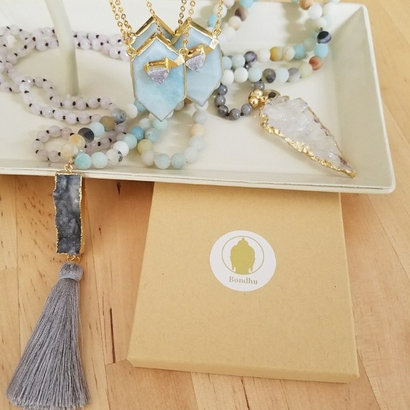 Amazonite & Druzy Bar Mala Bead Necklace w/ Tassel - Picture 8 of 8